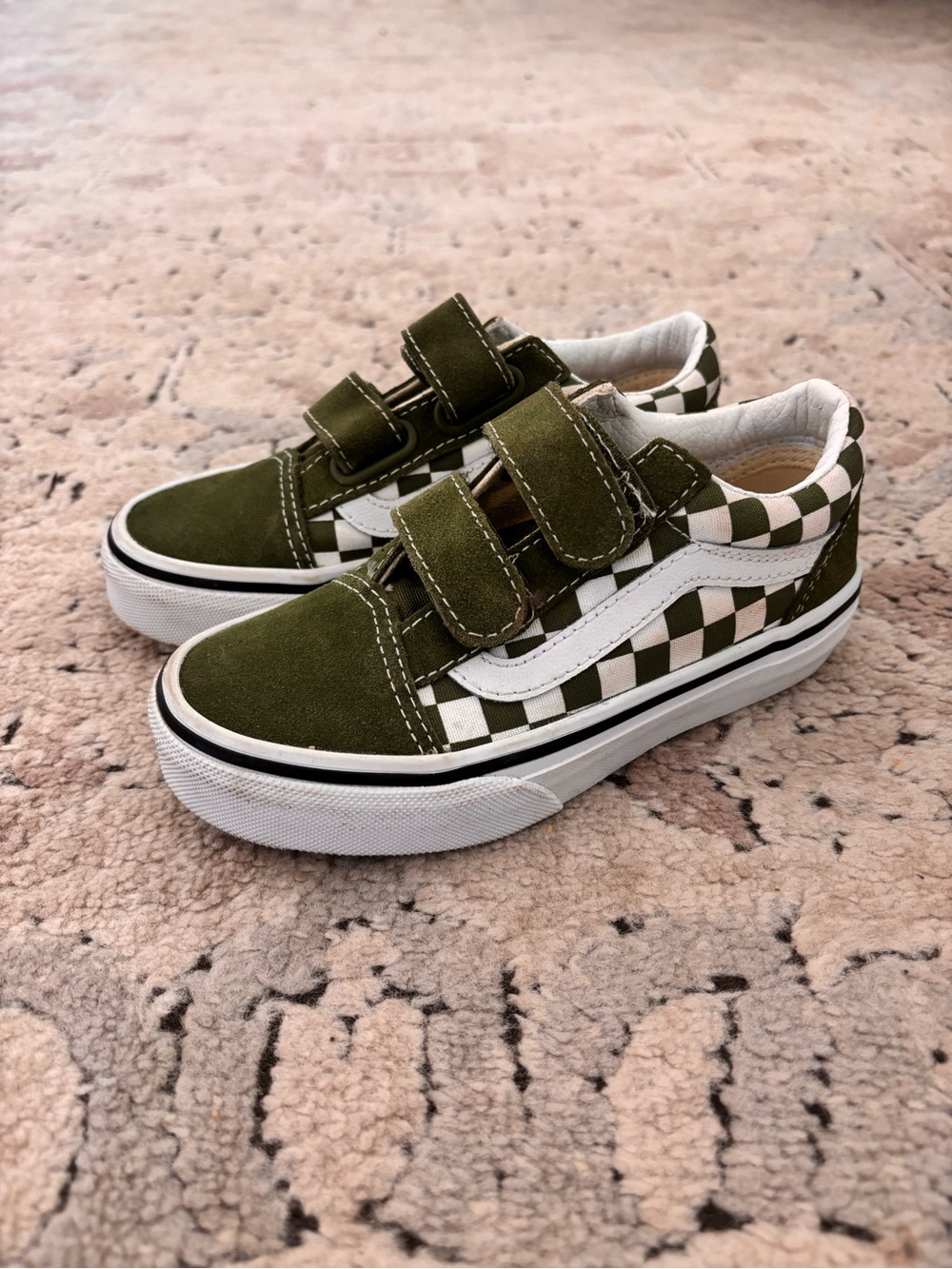 Vans Kids Old Skool Velcro Sneakers - Olive Green & White Checkerboard size 12